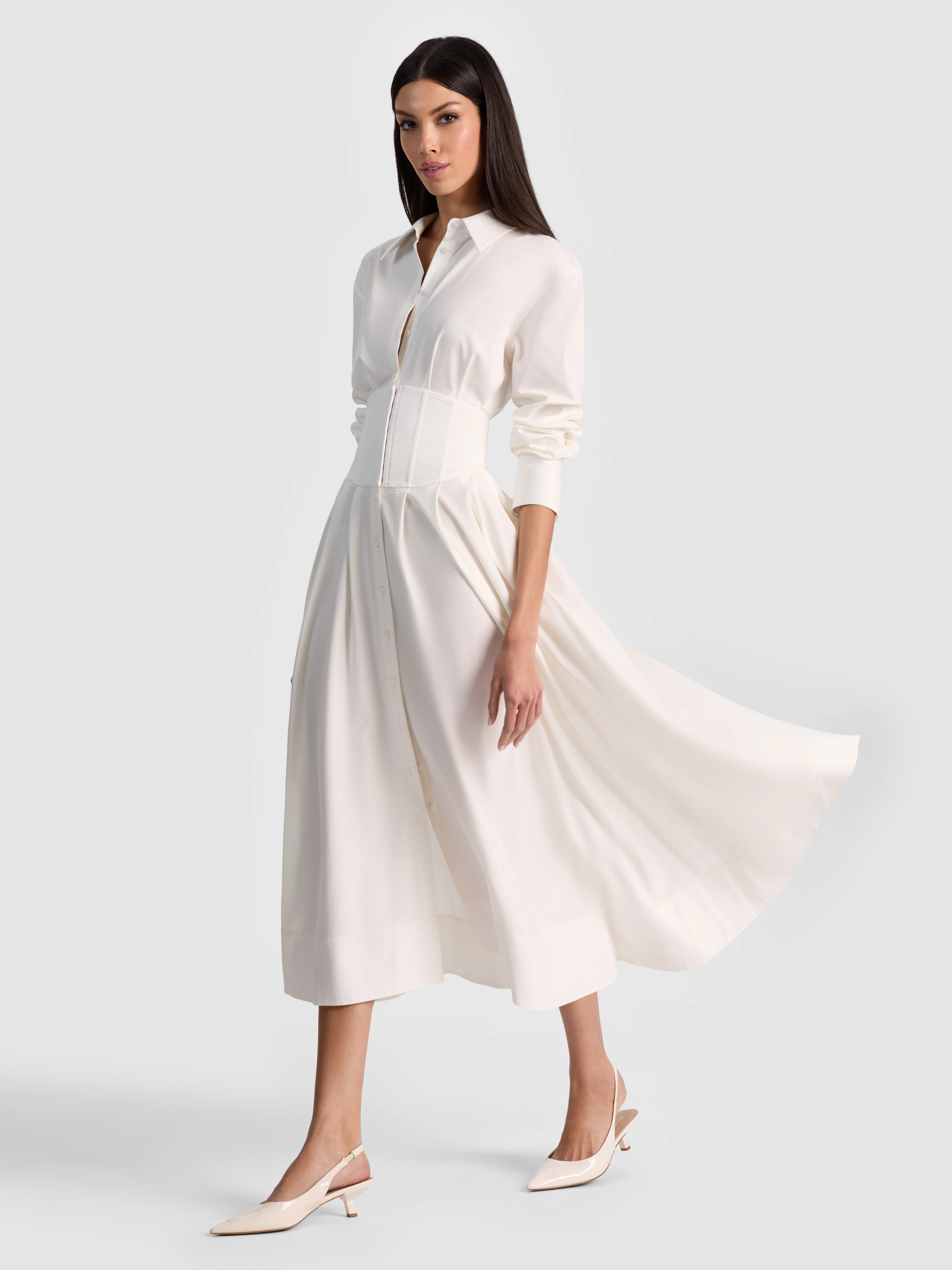 alice + olivia EDIE CORSET BUTTON DOWN MIDI DRESS | Alice + Olivia