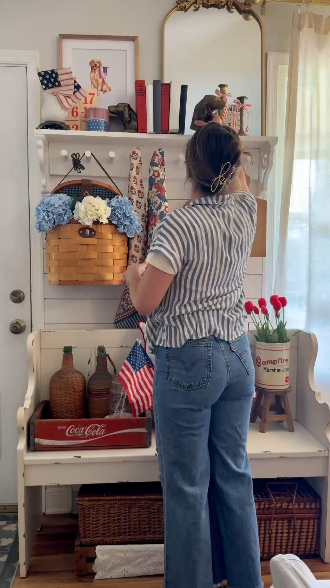 🇺🇸✨ Patriotic, but make it cozy cottage 🤍 vintage-inspired touches, warm brass accents, layered textures, and all the little details that make an entryway feel collected + welcoming for summer ❤️🏡 #PatrioticDecor #CottageStyle #CozyHome #SummerDecor

#LTKHome