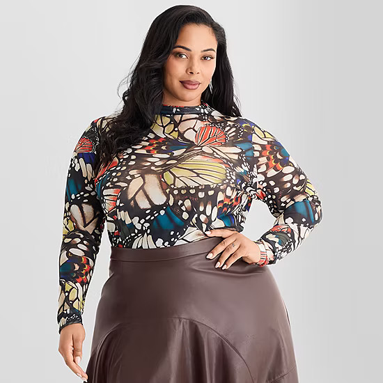 new!Ashley Graham Mesh Print Womens Plus Mock Neck Long Sleeve T-Shirt | JCPenney