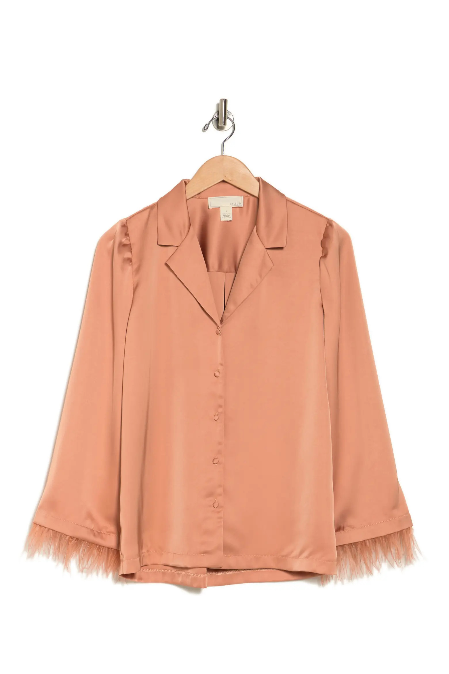 BY DESIGN Laine Feather Trim Satin Button-Up Top in Ivory at Nordstrom Rack, Size Large | Nordstrom Rack