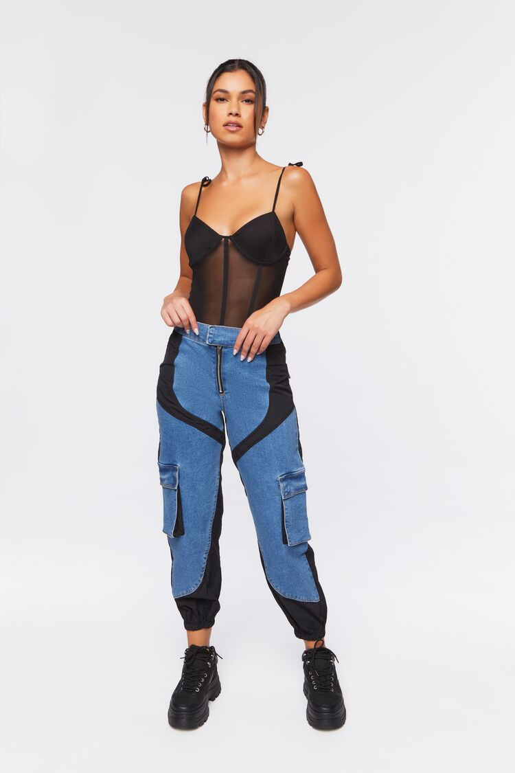 Women Colorblock Cargo Denim Joggers in Medium Denim/Black | Forever 21 (US)