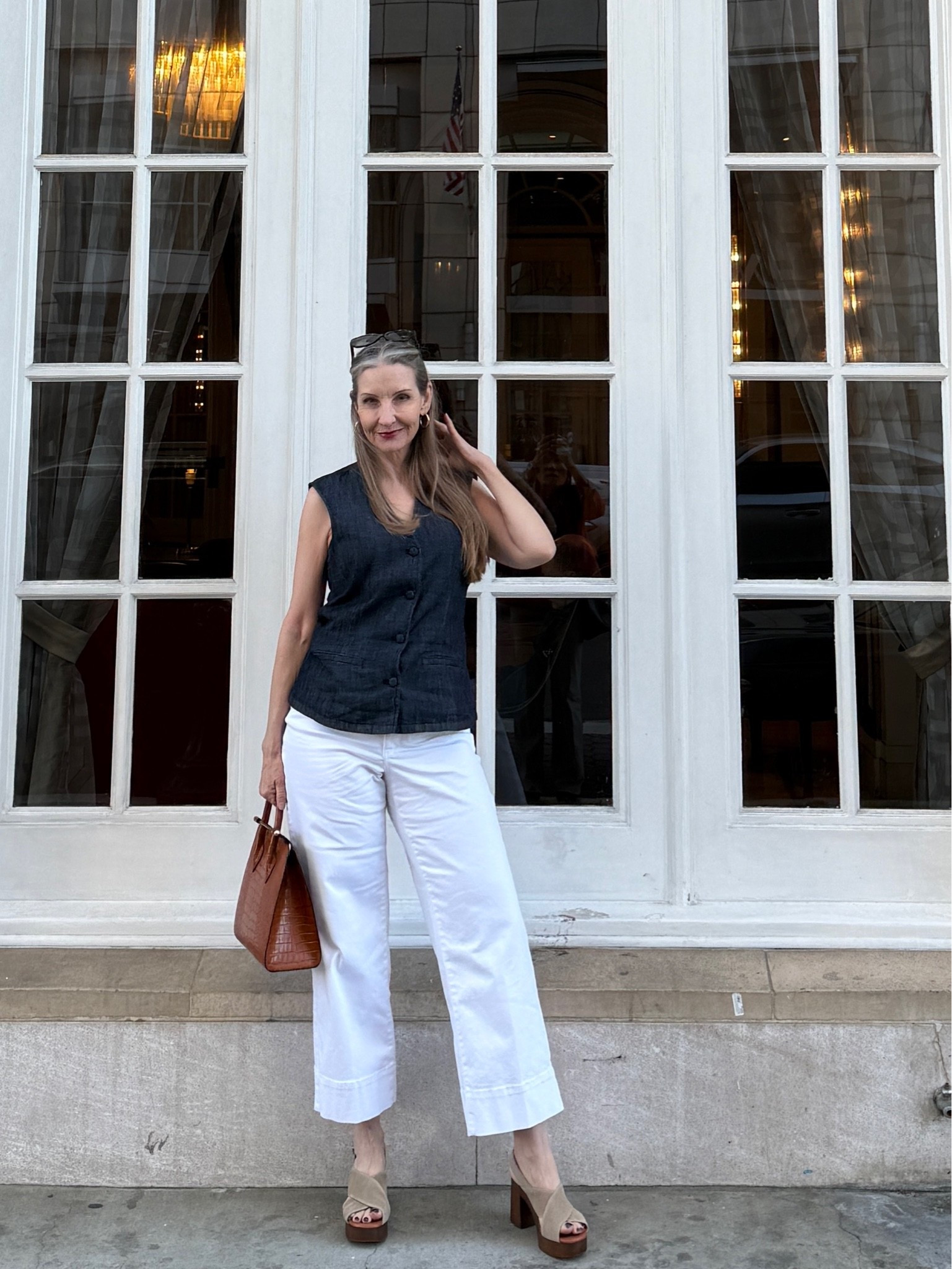 Easy summer style … size down in the jeans, size down in the vest only if between sizes. #whitejeans #stretchjeans #denimvest #clogs #crocbag #summerootd #classicstyle #simplestyle

#LTKdayinmylife #LTKOver40 #LTKMidsize