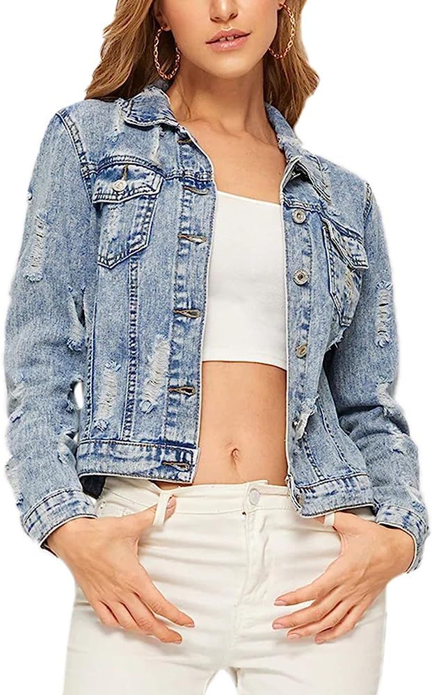 Romwe Women's Casual Long Sleeve Pockets Washed Distressed Denim Jean Jacket | Amazon (US)