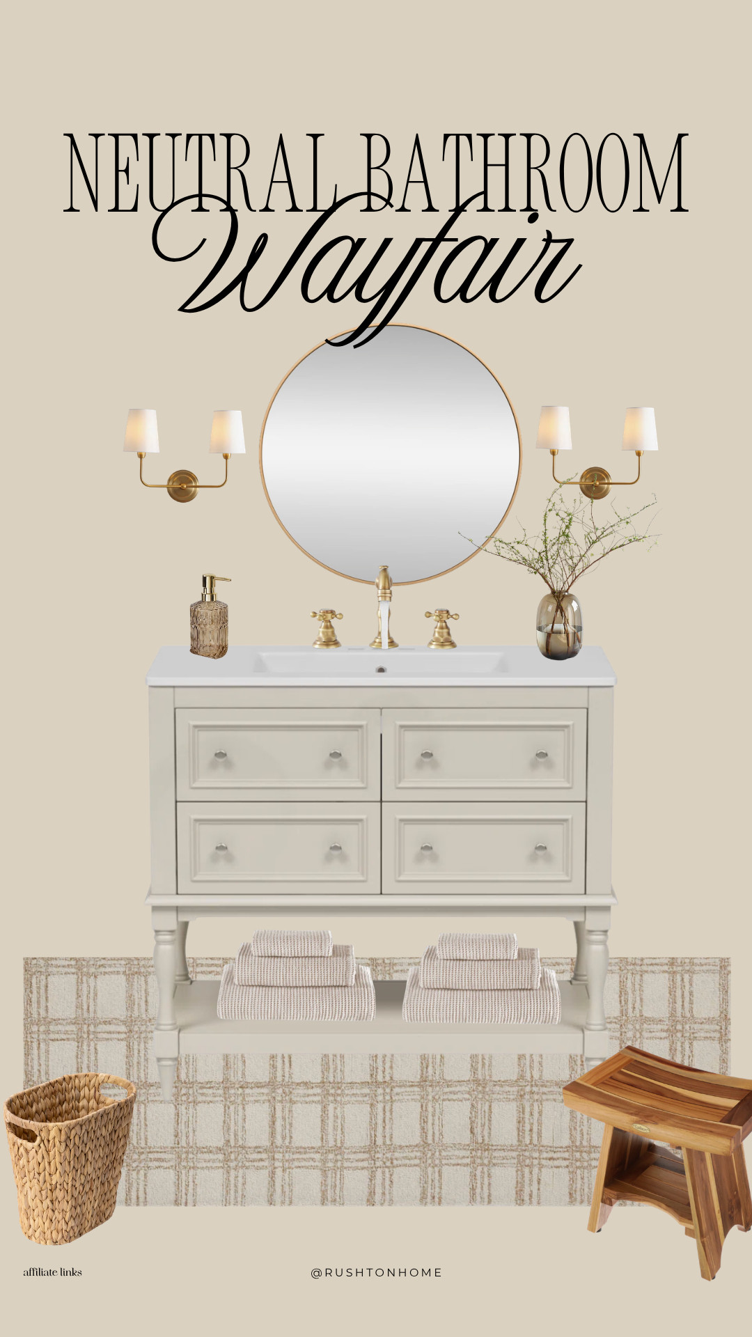 Neutral bathroom decor, wayfair bathroom vanity, modern farmhouse bathroom, brass bathroom fixtures, round mirror bathroom, bathroom wall sconces, neutral bath rug, bathroom styling ideas, woven laundry basket, wood shower stool, minimalist bathroom decor, organic modern bathroom, warm neutral bathroom design, bathroom countertop styling 

 #LTKHome