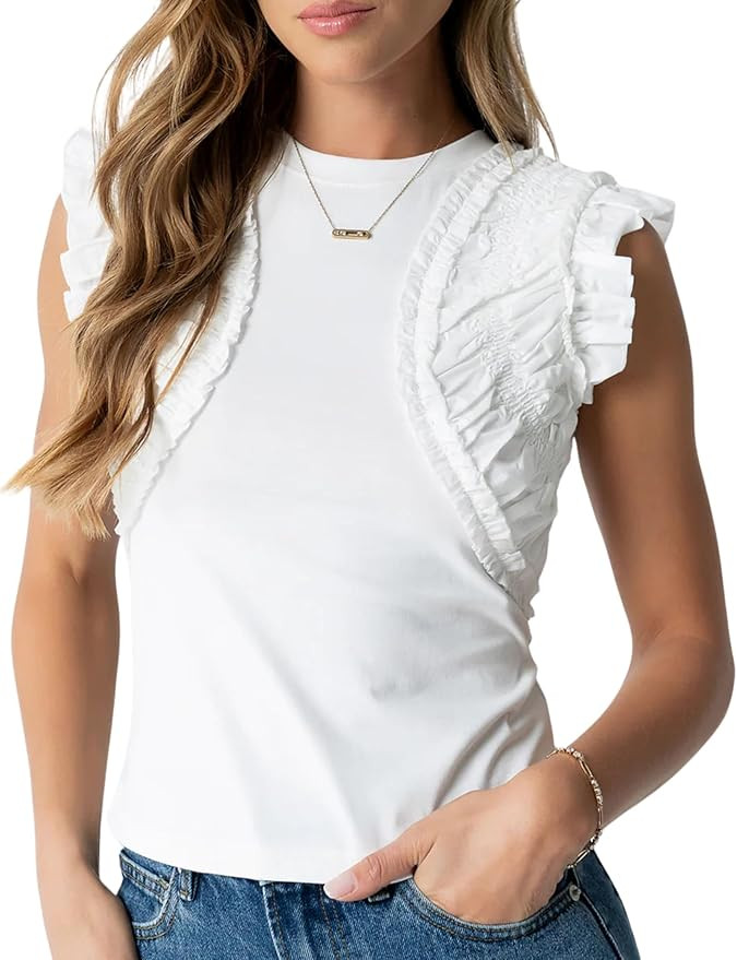 Women's Ruffle Tank Top Crew Neck Sleeveless Ruched Ruffle Blouse 2026 Summer Casual Shirt Tops | Amazon (US)