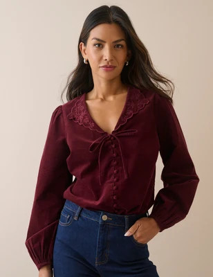 Burgundy Floral Embroidered Collar Cord Blouse | Nobody's Child