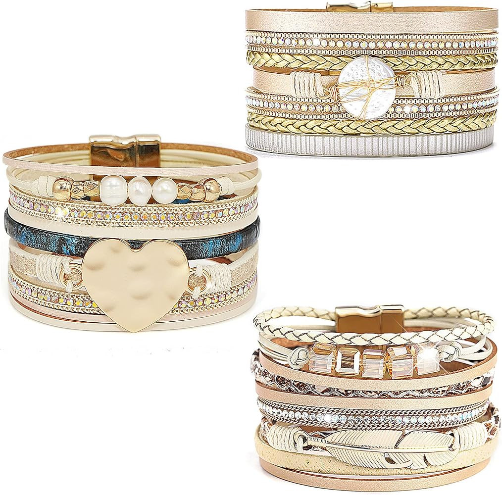 Wovanoo Leather Wrap Bracelet Set 3Pack Wrist Cuff Bracelet for Women Girls Multilayer Magnetic C... | Amazon (US)