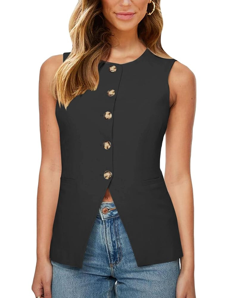 Fallorchid Womens Round neck Suit Vest Sleeveless Button Business Jacket Waistcoat Top | Amazon (US)