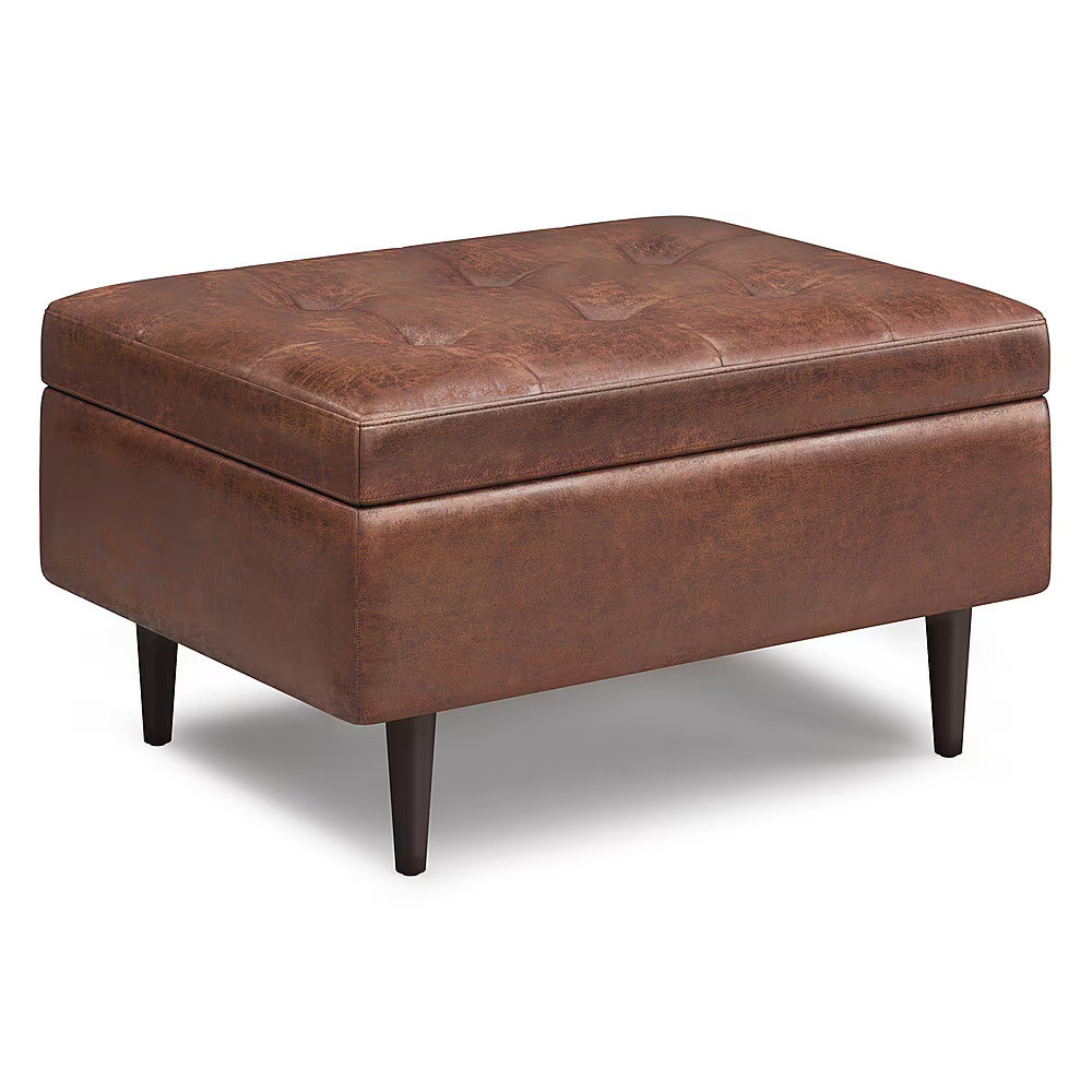 Simpli Home Shay Mid Century Small Square Coffee Table Storage Ottoman Distressed Saddle Brown AX... | Best Buy U.S.
