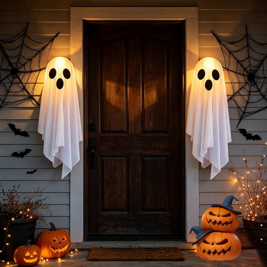 2 PCS Halloween Ghost Porch Light Covers, 24" Swinging Ghost Outdoor Decor | Amazon (US)