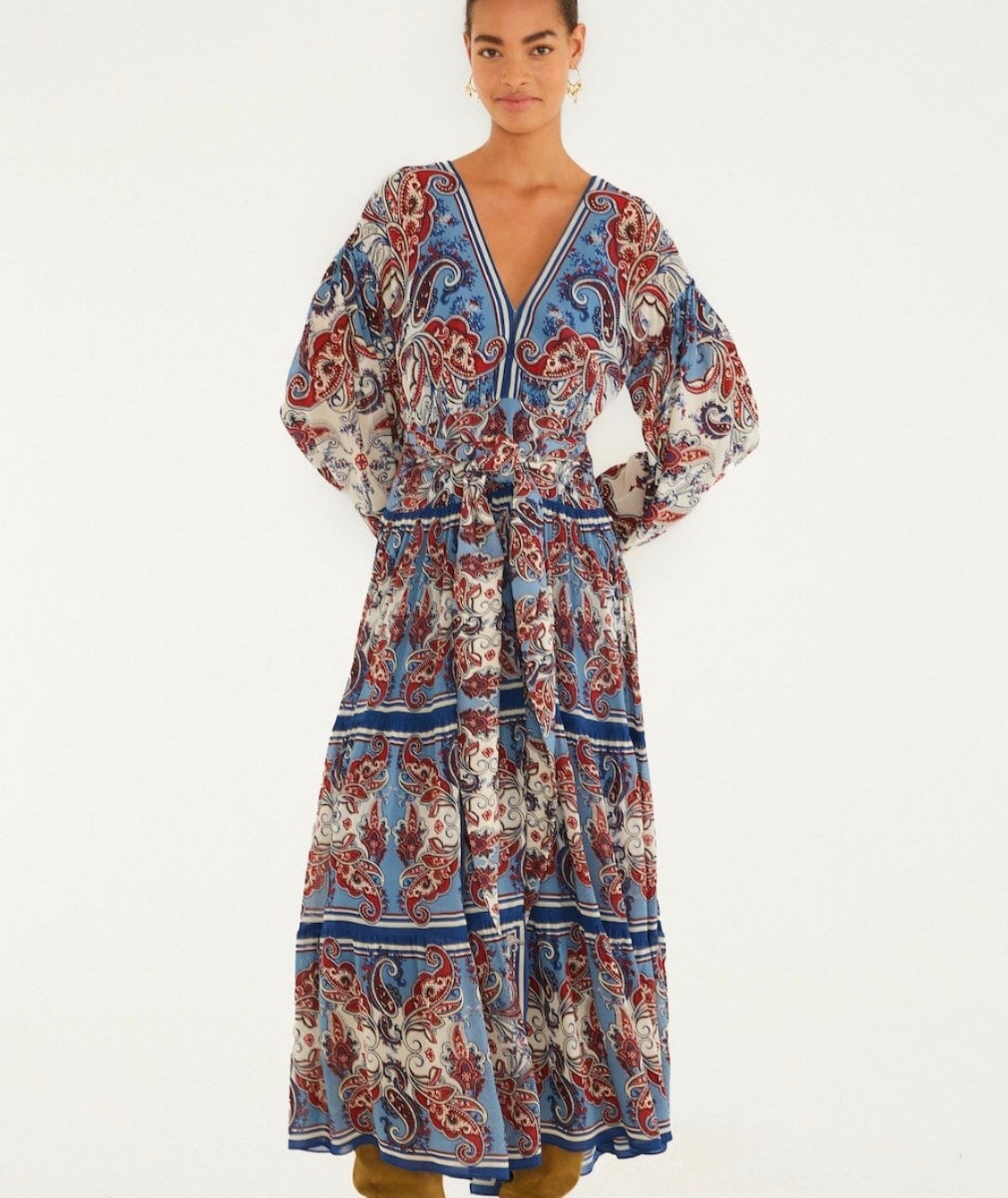 Blue Paisley Scarf Long Sleeve Maxi Dress