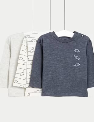 3pk Pure Cotton Dinosaur Long Sleeve T-Shirts (0-3 Yrs) | Marks and Spencer US