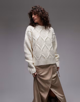 Topshop knitted chunky twist cable crew neck oversized jumper in ivory | ASOS (Global)