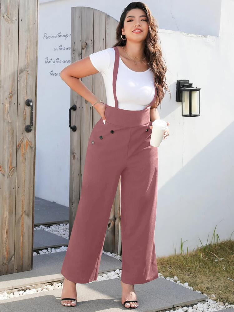 Plus Fake Button Wide Leg Overall Jumpsuit Without Tee | SHEIN