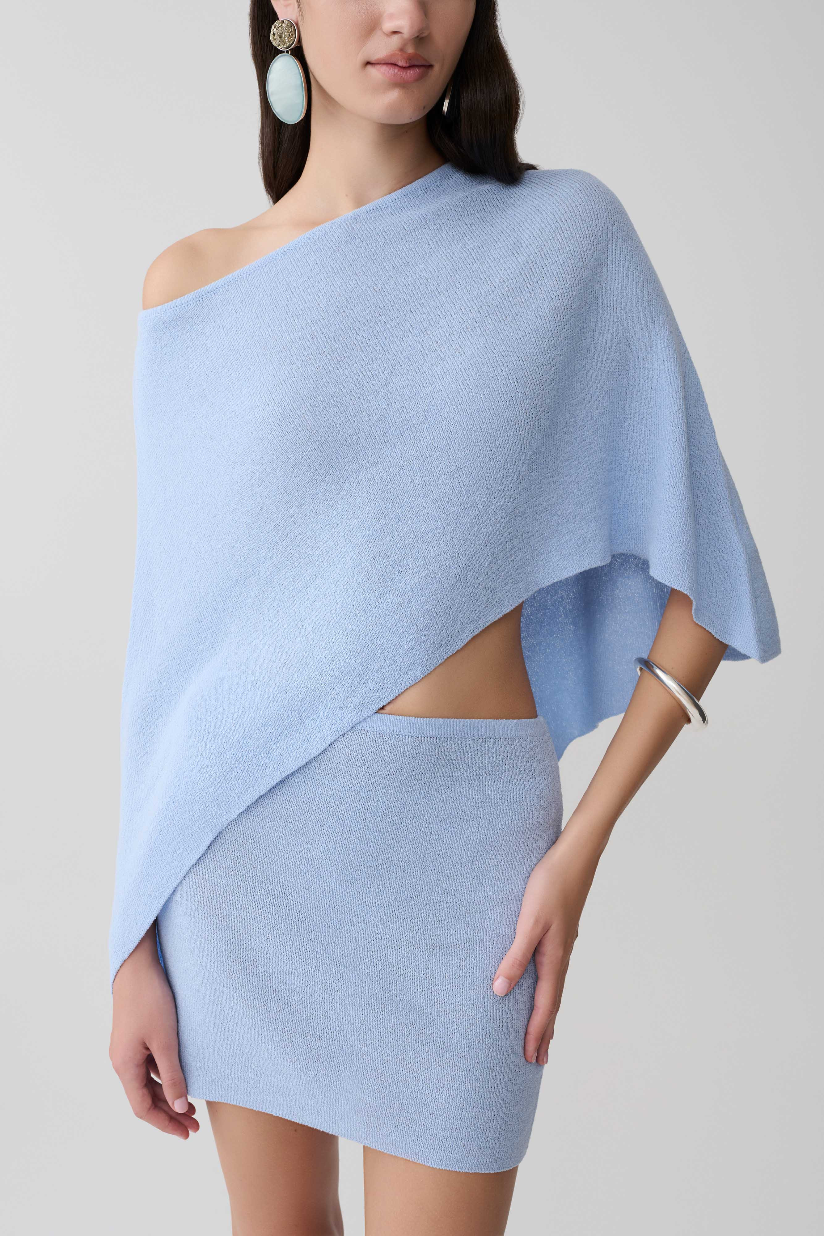 Loura One Shoulder Knit Cape Top - Cornflower Blue | MESHKI US