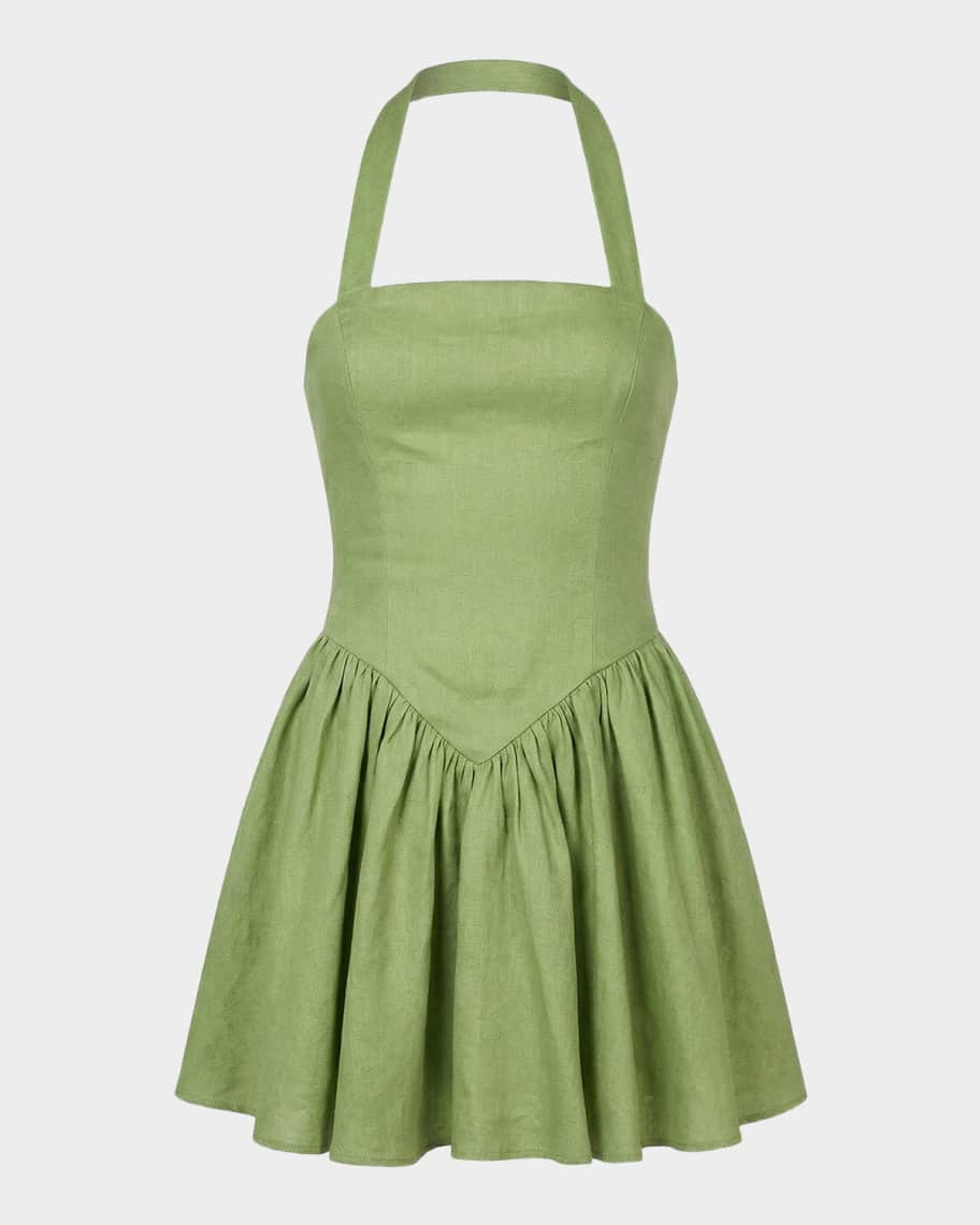 NICHOLAS Amalie Basque-Waist Halter Linen Mini Dress | Neiman Marcus