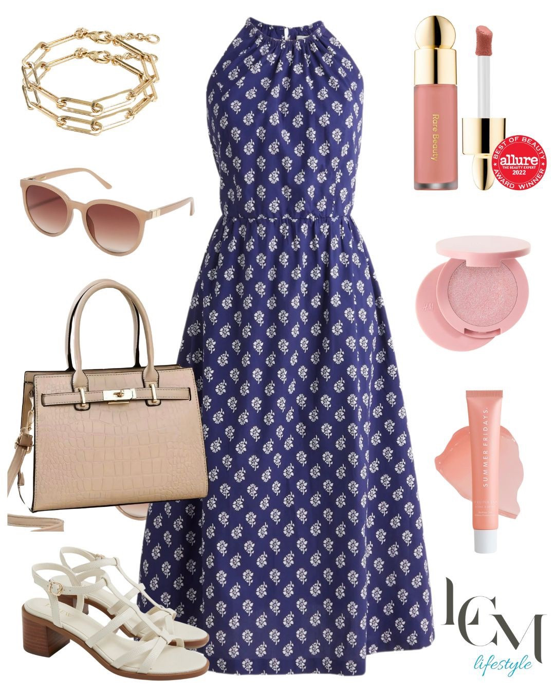 Pretty block print dress with natural pink makeup, gold bracelets and ivory sandals. 
Graduation party dress, wedding guest dress, date night dress, vacation outfit, Laura carson miller, summer style, summer makeup, navy and white, ivory sandals, rare beauty, summer fridays, petite, mid size, plus size

#LTKParties #LTKTravel #LTKFindsUnder50