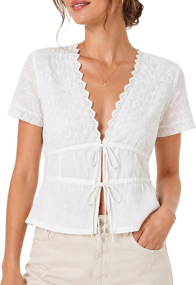 Womens Summer Boho Tie Front V Neck Tops Short Sleeve Casual Eyelet Sheer Shirts Flowy Lace Blous... | Amazon (US)