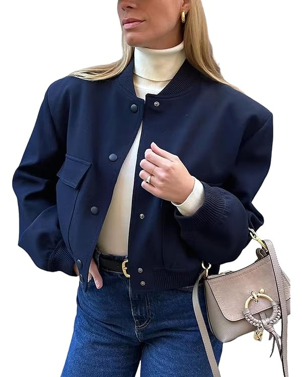 Yidarer Women's Cropped Bomber Jackets Casual Button Down Varsity Jacket Coat with Pockets | Amazon (US)