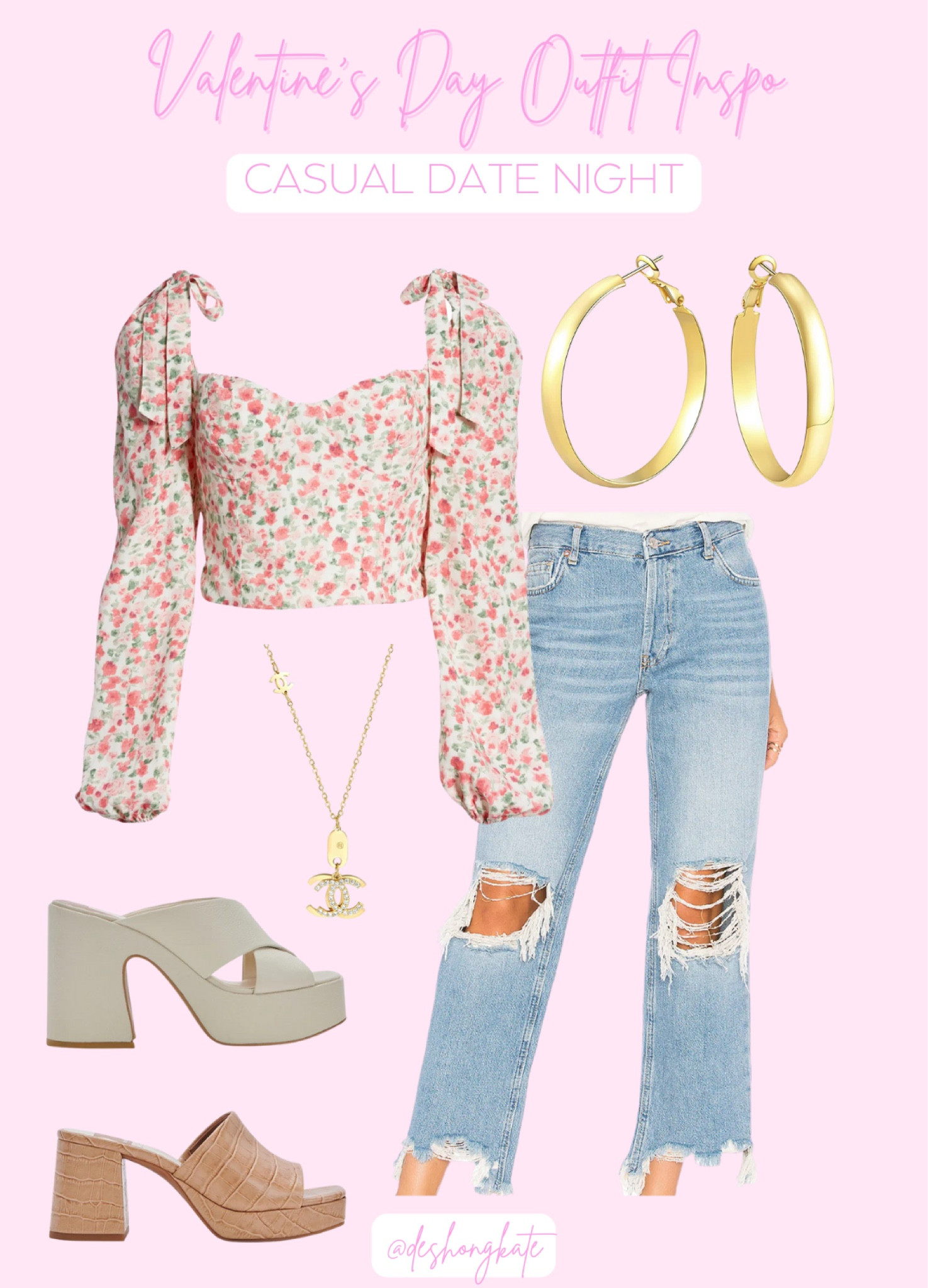 Valentine’s Day. Date night. Jeans. Feminine. Puff sleeve top. Bows. Long sleeve. Floral. Pink top. Ripped jeans. Distressed jeans. Platform heels. Designer dupes. Dinner date 

#LTKFind #LTKSeasonal #LTKunder100