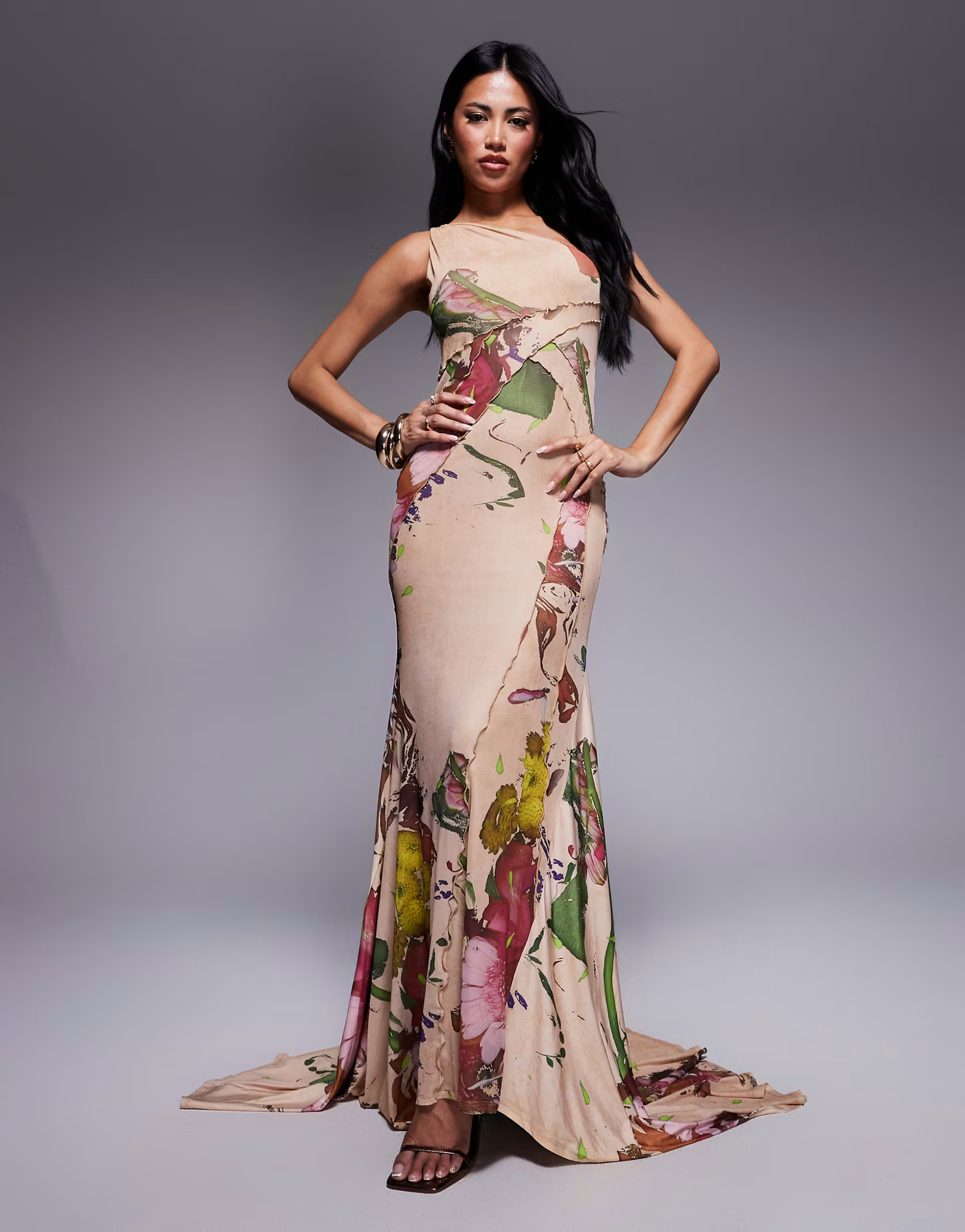 ASOS DESIGN mesh one shoulder exposed seams maxi dress with full hem in blurred lilac floral prin... | ASOS (Global)