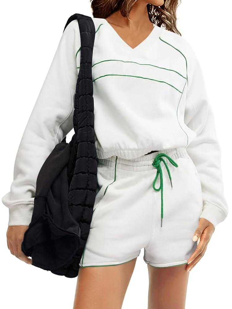 Fisoew Womens Sweatsuits 2 Piece Outfits V Neck Fleece Sweatshirts Contrast High Waisted Shorts C... | Amazon (US)