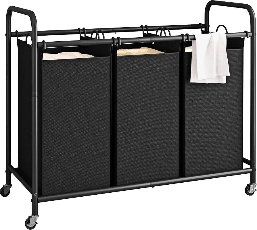 LINZINAR 3 Section Laundry Hamper Sorter, Black Laundry Basket with Wheels | Amazon (US)