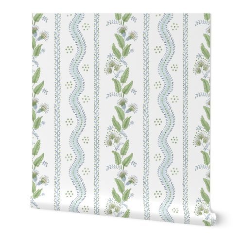 Custom Emma Stripe- tan with Soft Blue and greens on white | Spoonflower