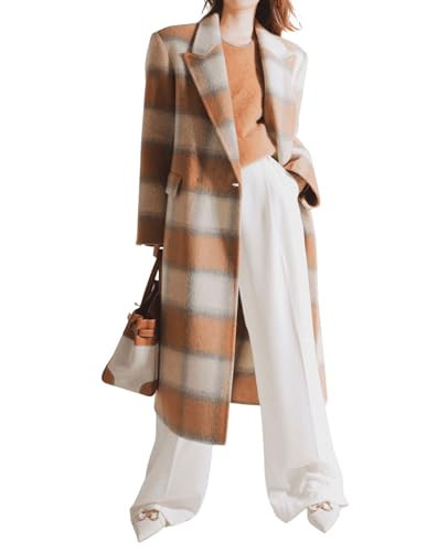 chouyatou Women's Elegant Plaid Wool Blend Pea Coat Double Breasted Lapel Long Trench Coat Overcoat with Pockets (Large, Caramel) | Amazon (US)