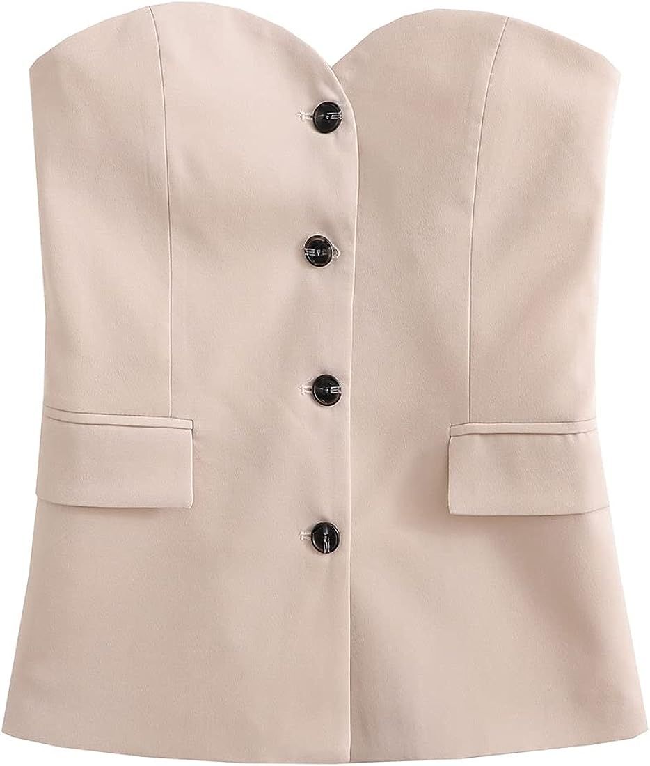 Lerzyoky Women's Strapless Suit Vest Button Front Business Formal Waistcoat Vest with Pockets | Amazon (US)