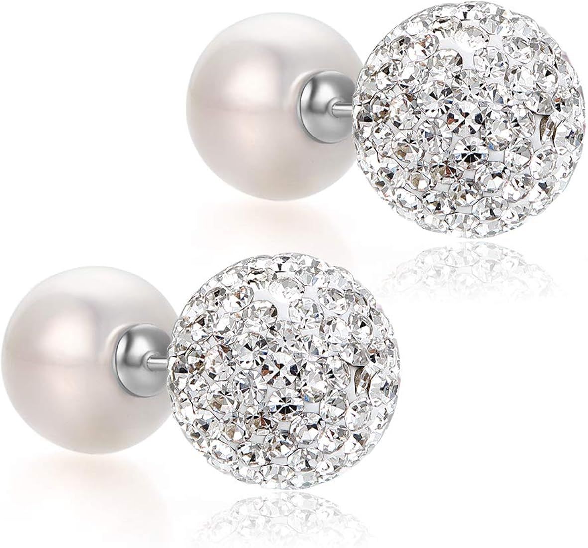 Blingest Pearl Crystal Double Sided Stud Earrings Front Back Catch Earring for Women Girl 10mm | Amazon (US)