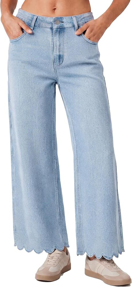 Tankaneo Womens Wide Leg Jeans High Waist Cropped Scalloped Hem Denim Pants | Amazon (US)