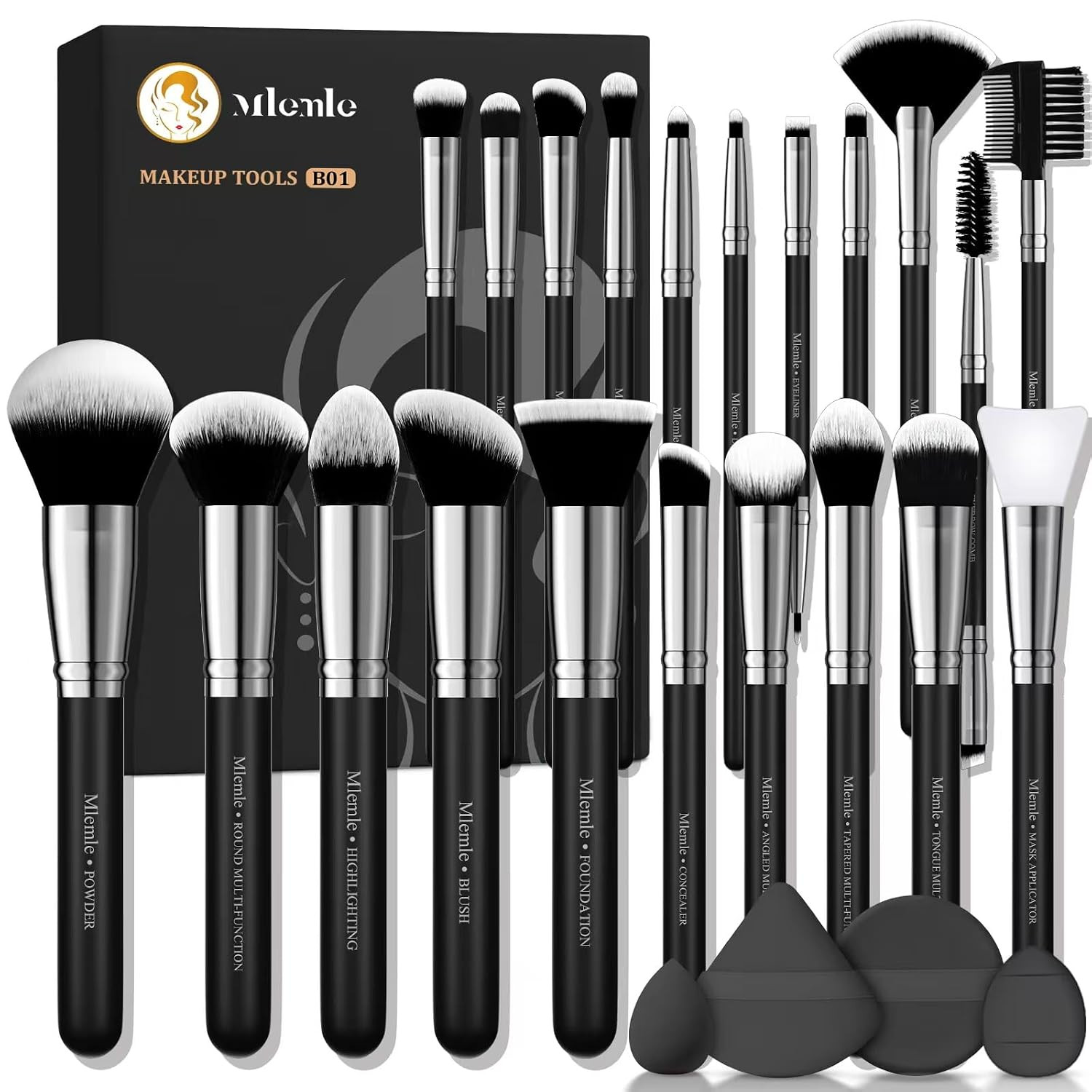 Makeup Brushes Set, Mlemle Professional 25 Pcs Makeup Kit, Include Foundation Powder Blush Concealers Eye shadows 21 Pcs Makeup Brushes and 2 Powder Puff, 2 Makeup Sponge(B01-Black) | Amazon (US)