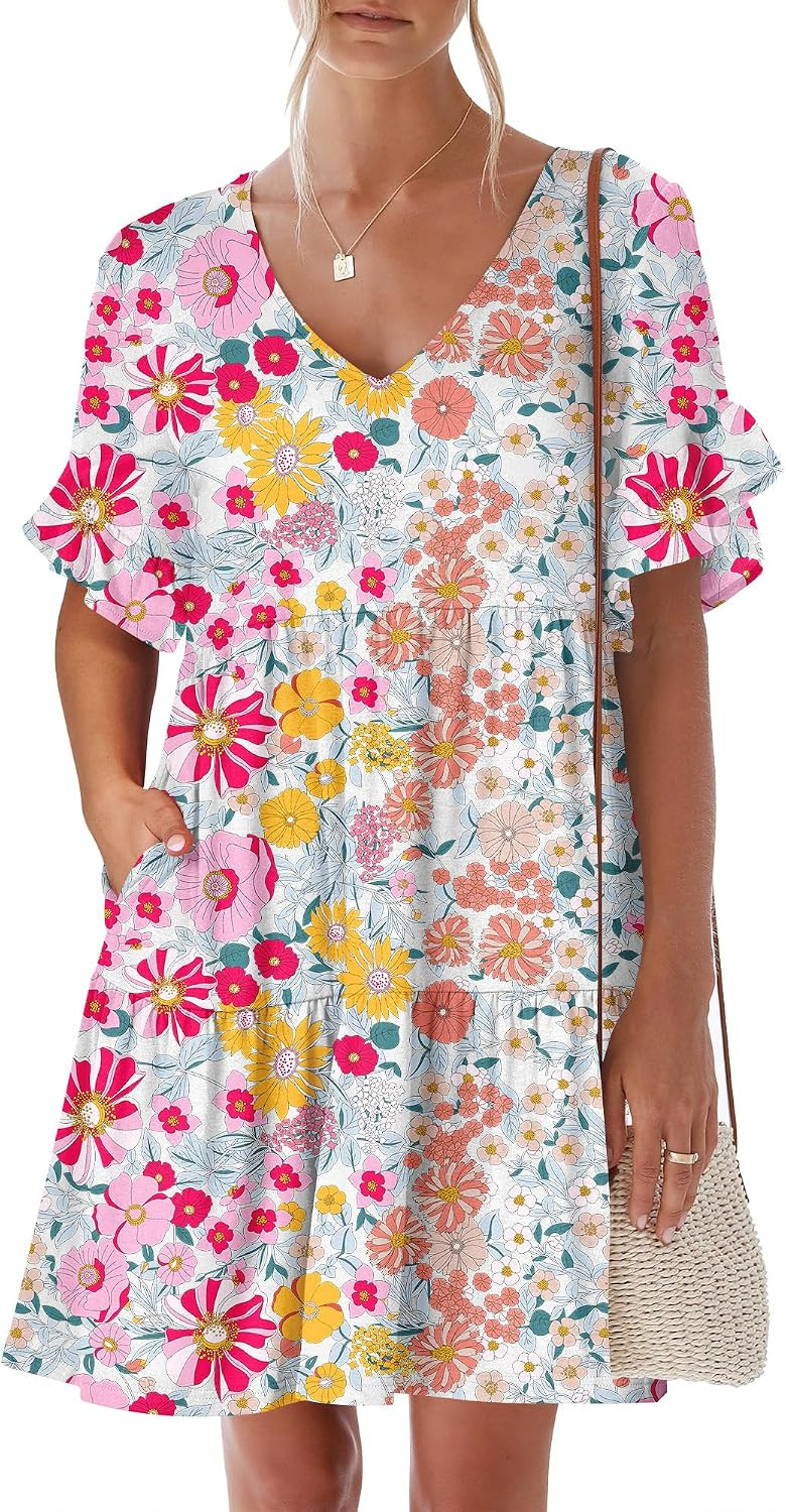ANRABESS Dresses for Women Summer 2026 V Neck Ruffle Sleeve A Line Tiered Flowy Casual Trendy Mini Beach Dress with Pockets | Amazon (US)