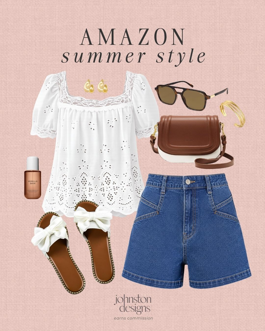 Amazon summer style 🤍 Eyelet top, denim shorts, bow sandals, and the cutest brown crossbody for an easy warm-weather outfit. Perfect for errands, lunch or vacation days!

Amazon outfit, summer outfit, eyelet top, denim shorts, bow sandals, crossbody bag, casual outfit, vacation outfit, summer fashion, amazon fashion, outfit inspo 

 #LTKootd #LTKSeasonal