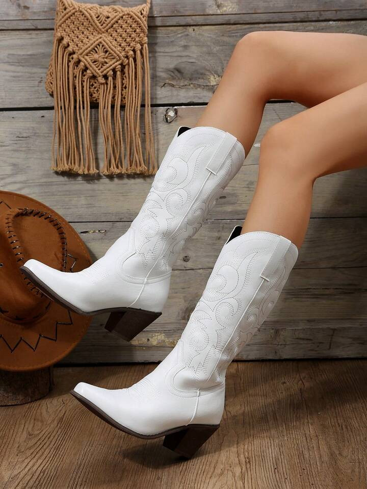 Women Embroidery Detail Slip On Western Boots, Vacation Outdoor Fashion Boots | SHEIN