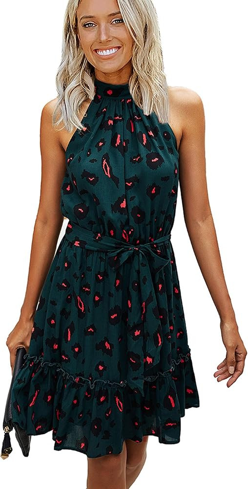 Theenkoln Women's Halter Neck Floral Print Polka Dot Sleeveless Ruffle Mini Dress | Amazon (US)