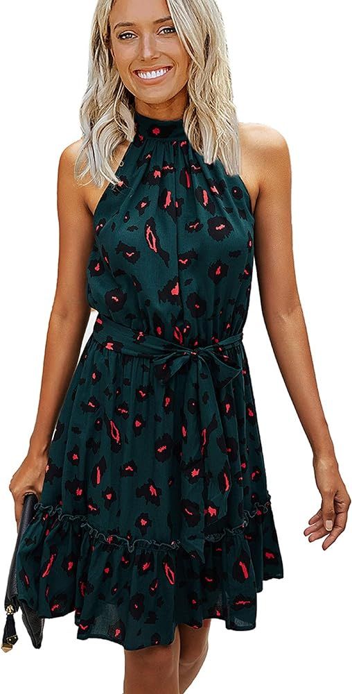 Theenkoln Women's Halter Neck Floral Print Polka Dot Sleeveless Ruffle Mini Dress | Amazon (US)