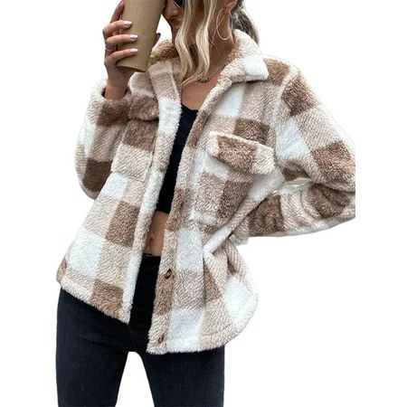 Colisha Womens Shacket Casual Fuzzy Long Sleeve Plaid Shirt Blouses Tops Lapel Button Down Jacket | Walmart (US)
