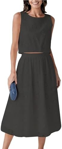 Wanzetaly Women's 2 Piece Skirt Set Hollow Out Eyelet Sleeveless Tank Top Maxi Skirt Boho Outfits... | Amazon (US)