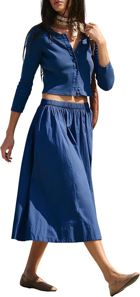 Womens Skirt Sets Long Sleeve Button Down Cardigan Elastic Waist Dress Midi Skirt Fashion Clothes | Amazon (US)