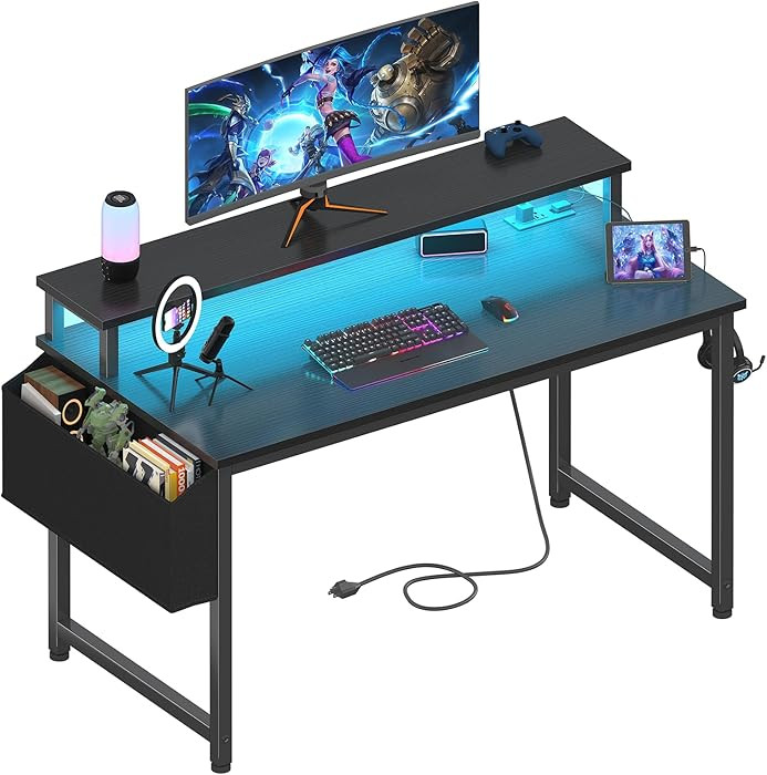 Lufeiya Black Gaming Desk with LED Lights and Power Outlets, 40 Inch Teen Writing Study Table Hom... | Amazon (US)