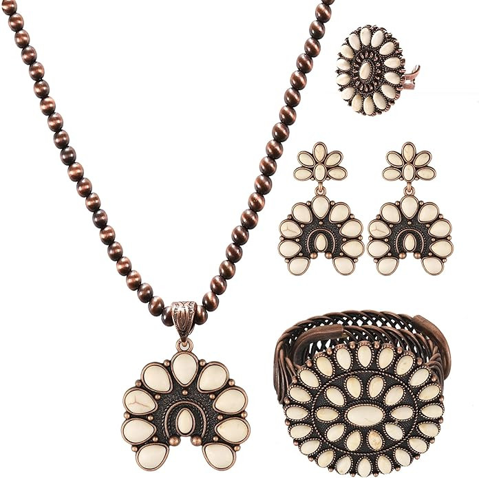 4 PCS Western Turquoise Jewelry for Women Boho Vintage Navajo Pearl Necklace Earring Bracelet Ring Set Country Cowgirl Accessories for Gift | Amazon (US)