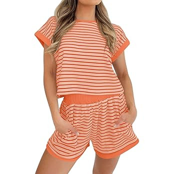 Tankaneo Womens Summer 2 Piece Sets Striped Short Sleeve T Shirts and Shorts Loungewear Matching ... | Amazon (US)