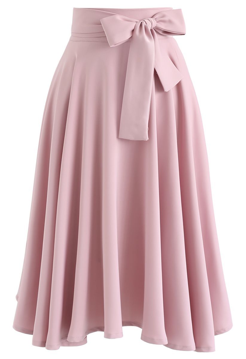 Flare Hem Bowknot Waist Midi Skirt in Pink | Chicwish