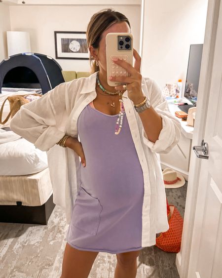 Pregnancy athleisure outfit — this maternity version of the free people hot shot mini dress is amazing! Wearing a small in the dress & linen shirt 

#LTKSeasonal #LTKFindsUnder100 #LTKBump