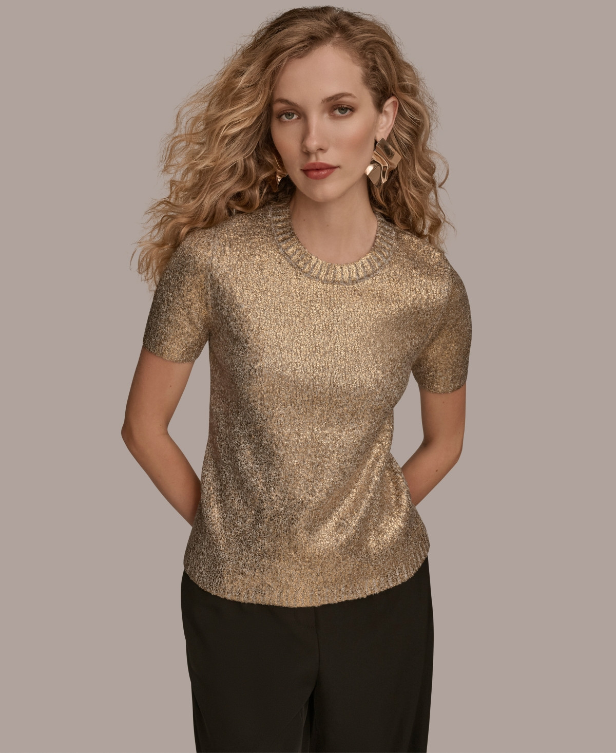 Donna Karan New York Women's Short Sleeve Foil Sweater - Taupe With/Gold Foil | Macy's