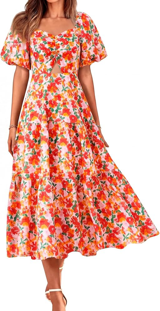 BTFBM Summer Dresses for Women 2026 Spring Outfits Beach Vacation Short Sleeve Smocked Boho Casua... | Amazon (US)