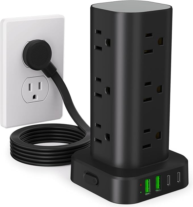 Power Strip Tower with Multiple Outlets, Flat Plug Surge Protector Tower Extension Cord with 12 A... | Amazon (US)