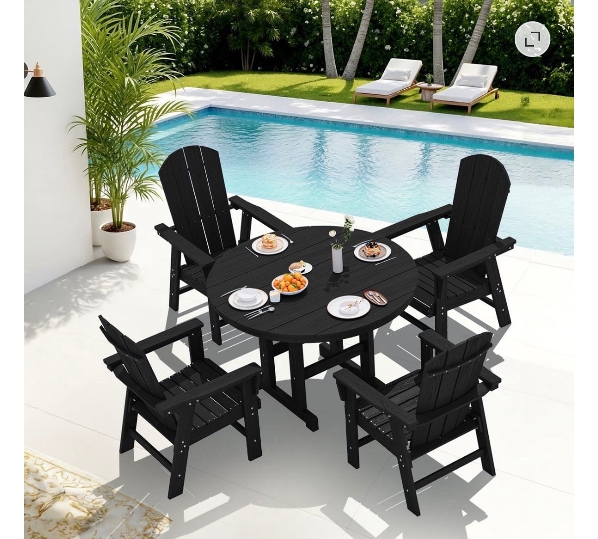 Serwall Outdoor 5-Piece Round Dining Set, HDPE All Weather Patio Dining Set for 4, 45" Round Dining Table and
4 Adirondack Dining Chairs, Black

Walmart outdoor patio furniture

#LTKHome #LTKSaleAlert